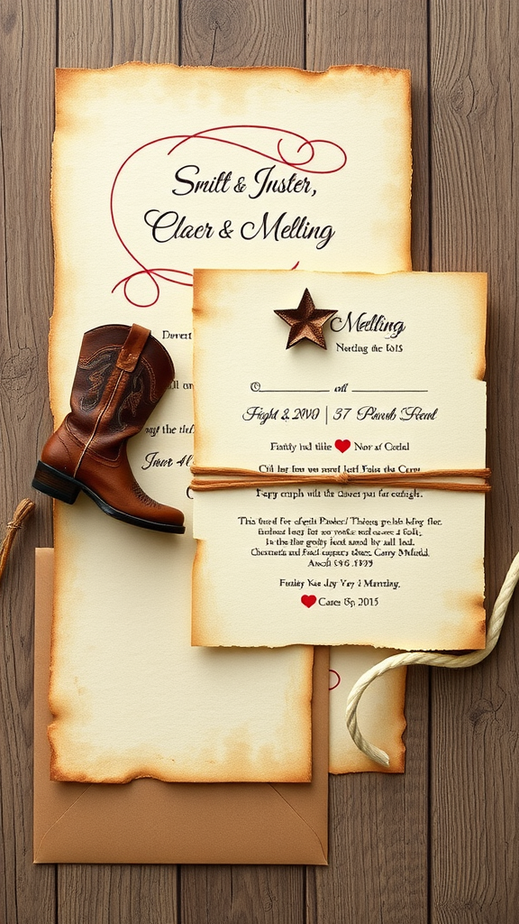25 Rustic Cowboy Wedding Ideas to Tie the Knot with Style A collection of western-themed wedding invitations featuring cowboy boots and lasso designs on aged paper.