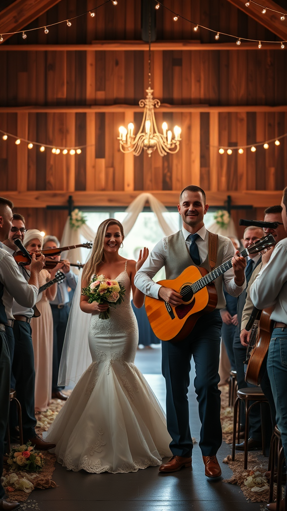 A bride and groom walking down the aisle with music instruments in a rustic venue. Cowboy Wedding Entrance