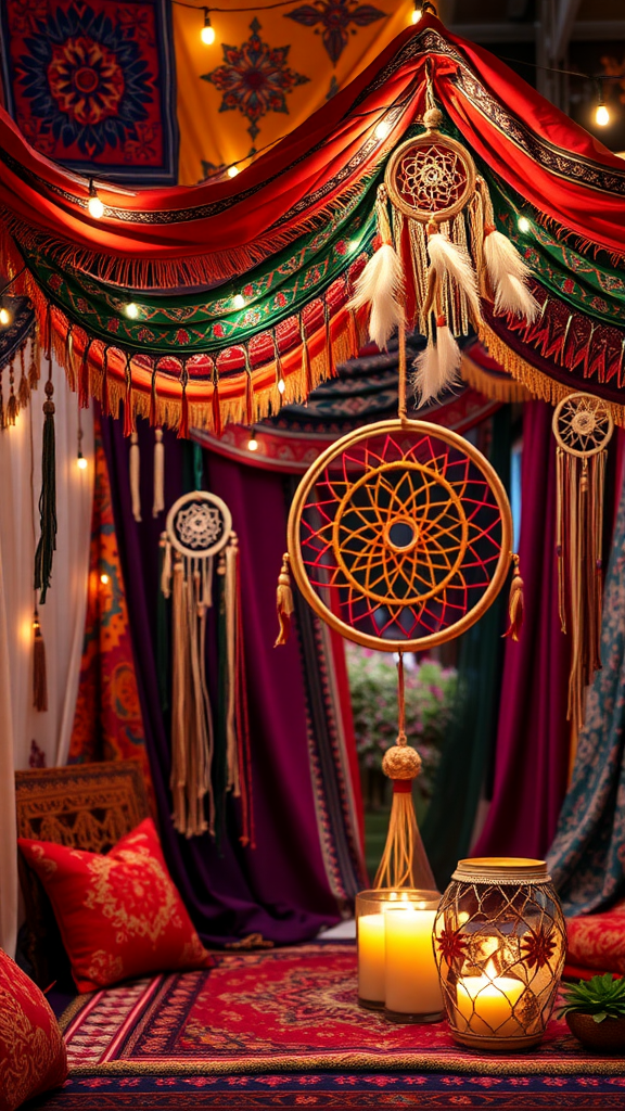 A cozy bohemian decor setup featuring vibrant fabrics, dreamcatchers, candles, and warm lighting.