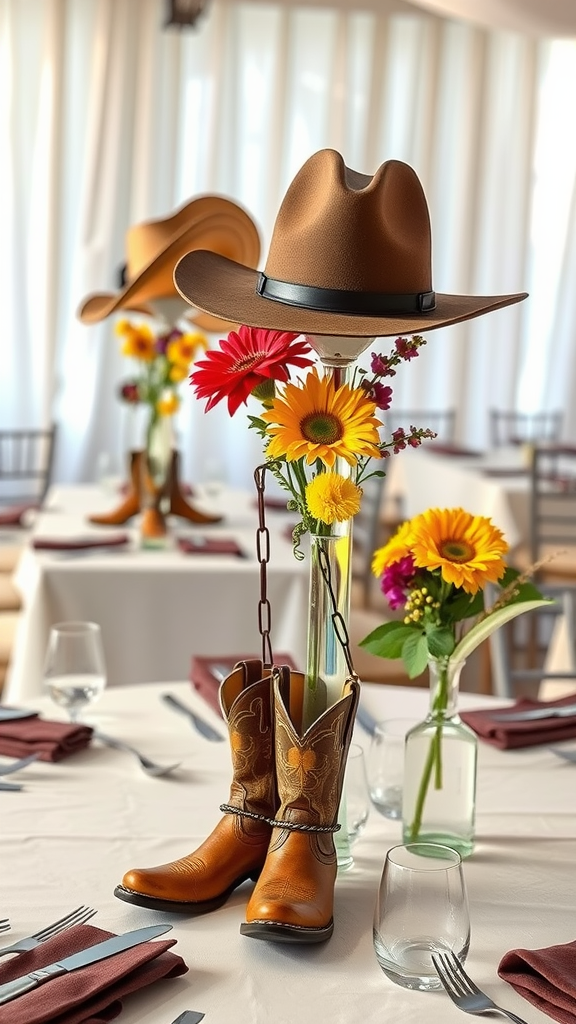 25 Rustic Cowboy Wedding Ideas to Tie the Knot with Style A cowboy hat and boots as table centerpieces with colorful flowers.