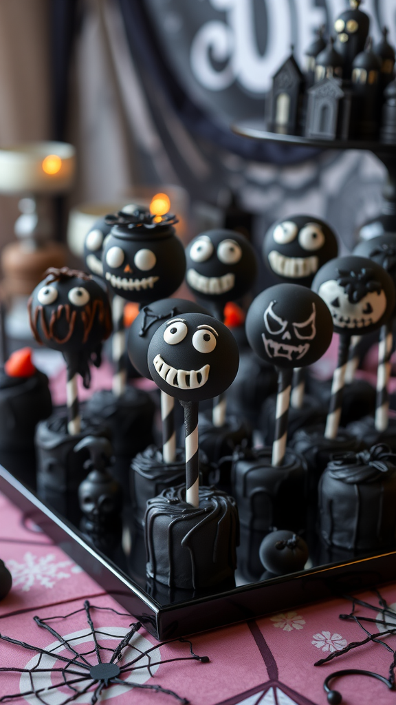 A display of whimsical dark-themed cake pops with spooky faces. Dark Romantic Wedding Ideas
