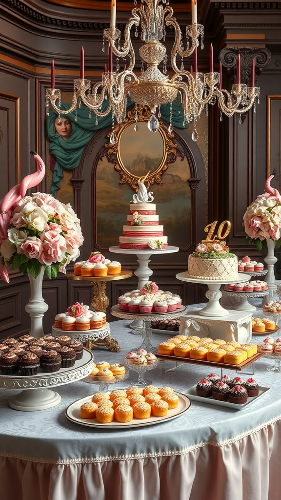 A beautifully arranged Rococo wedding dessert table with a multi-tiered cake, cupcakes, and pastries, all under an ornate chandelier.