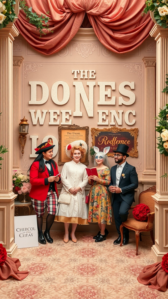 Whimsical Rococo wedding photobooth with guests dressed in vibrant costumes.