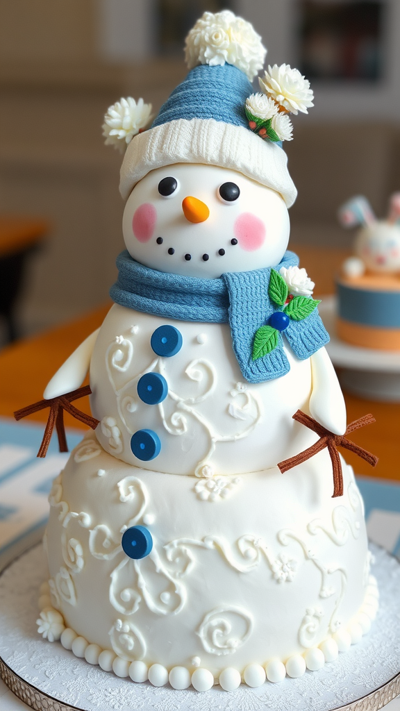A whimsical snowman cake decorated with a blue scarf, hat, and cheerful face.