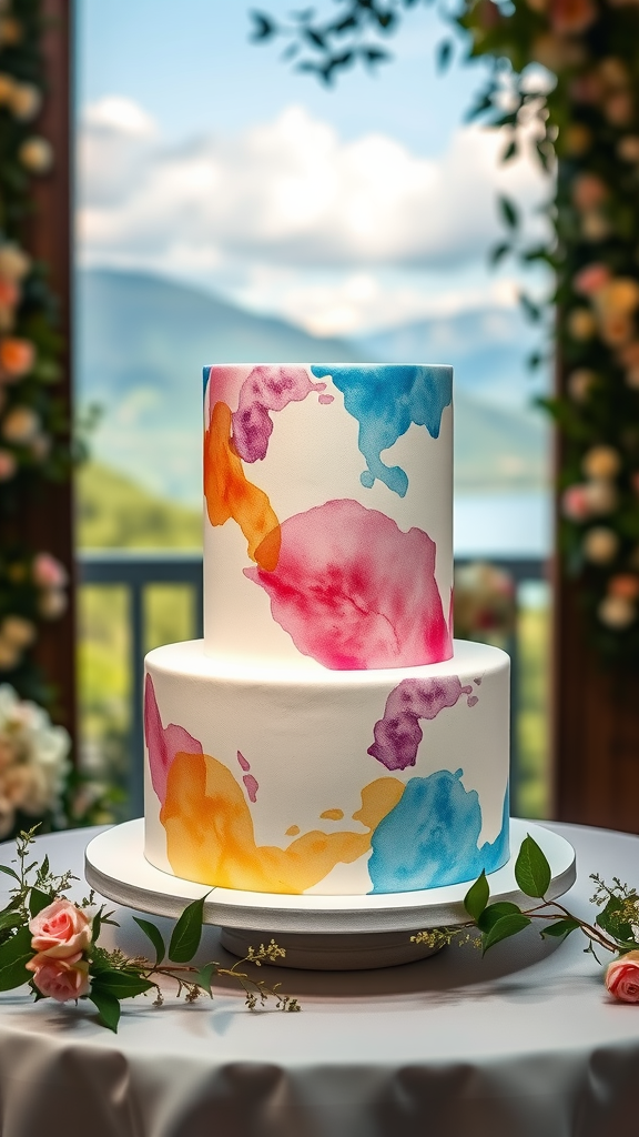 A two-tier wedding cake with a whimsical watercolor design in pink, yellow, and blue, surrounded by roses.