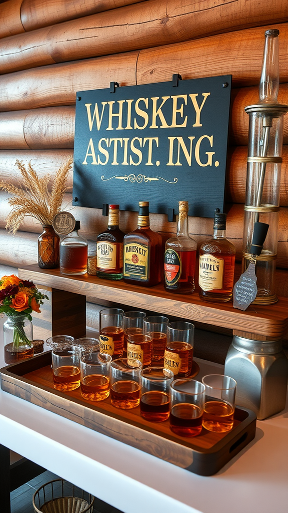 25 Rustic Cowboy Wedding Ideas to Tie the Knot with Style A whiskey tasting station with various bottles and glasses set against a rustic wooden background.