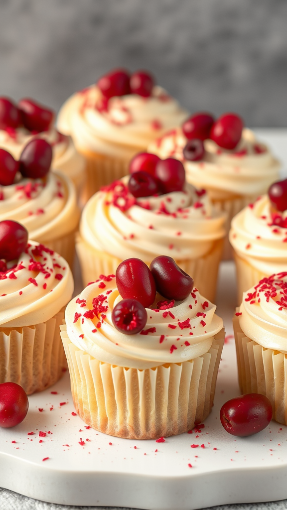 Delicious white chocolate cranberry cupcakes decorated with cranberries and red sugar sprinkles.