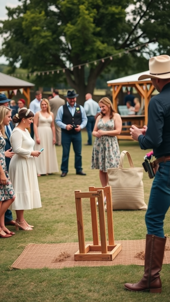 Guests enjoying a cowboy wedding theme celebration with a wooden game in the center.
