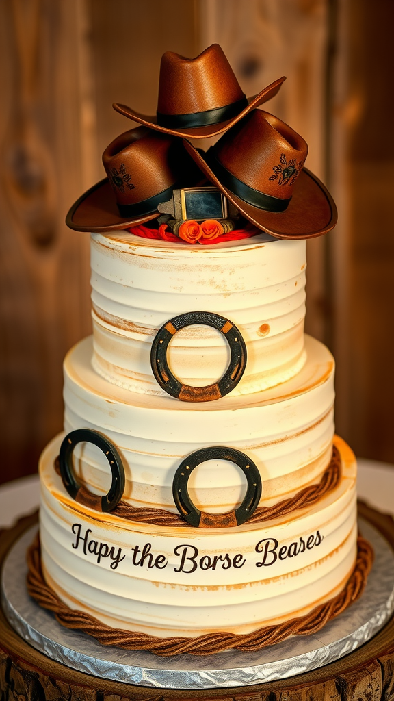 A cowboy wedding cake featuring three hats, horseshoes, and rustic details.