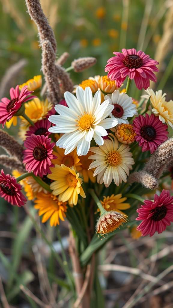 A colorful wildflower bouquet featuring daisies and gerbera daisies in warm earth tones.