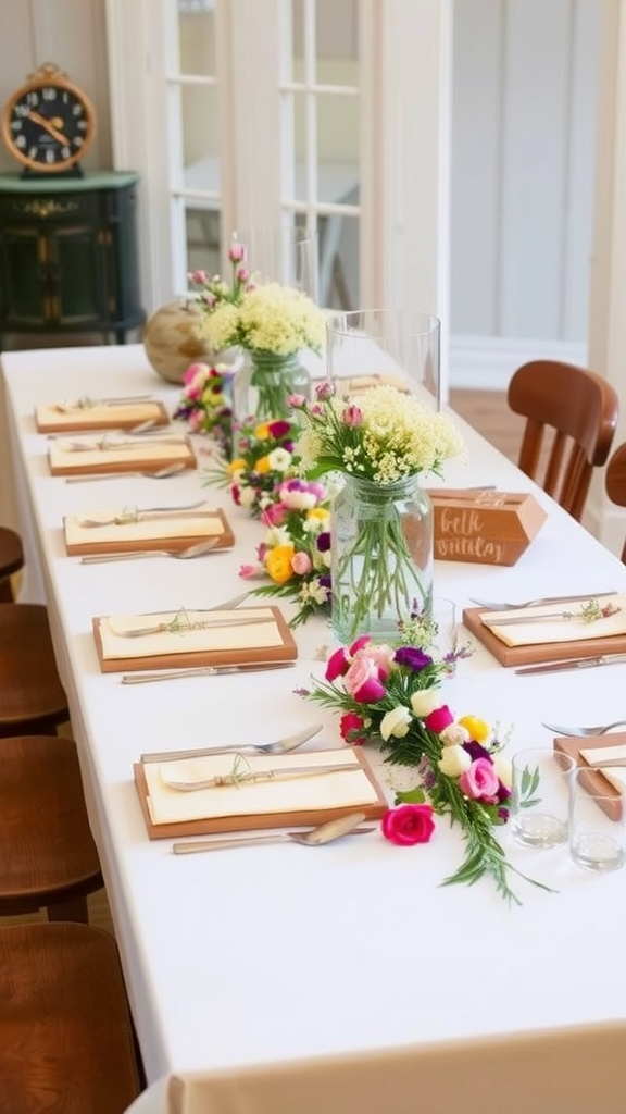A beautifully decorated table with a floral table runner, celebrating a birthday.