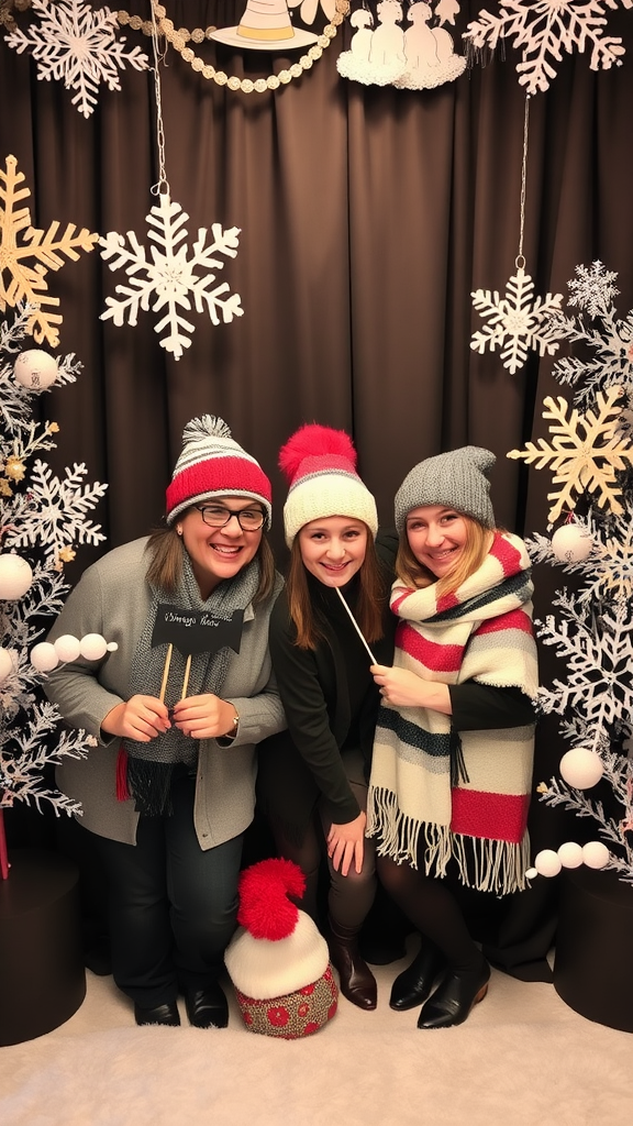 Three friends in winter attire posing in a festive photo booth with snowflake decorations.