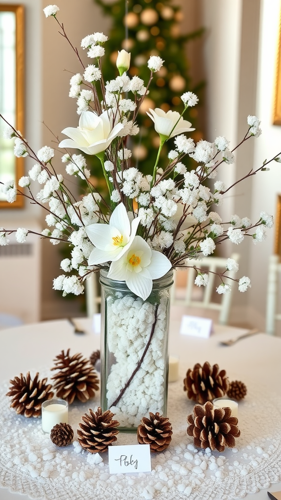 A winter-themed centerpiece featuring a jar with white decor and flowers, surrounded by pinecones and candles.
