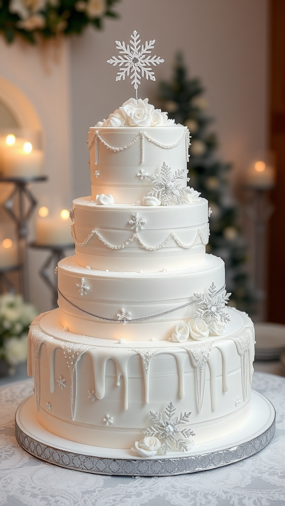 A four-tiered winter-themed wedding cake adorned with snowflakes and roses