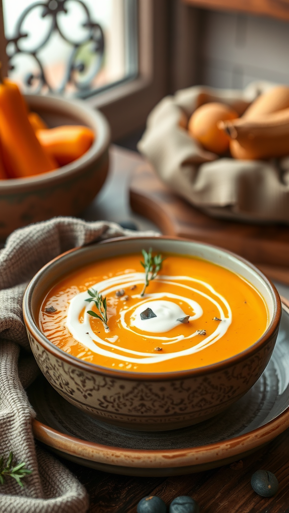 A bowl of creamy butternut squash soup garnished with herbs, surrounded by fresh ingredients.