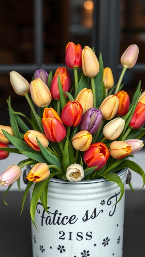 A vibrant winter tulip bouquet in a rustic bucket, featuring colorful tulips.