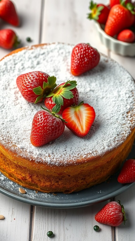 Almond Flour Strawberry Cake topped with strawberries and powdered sugar