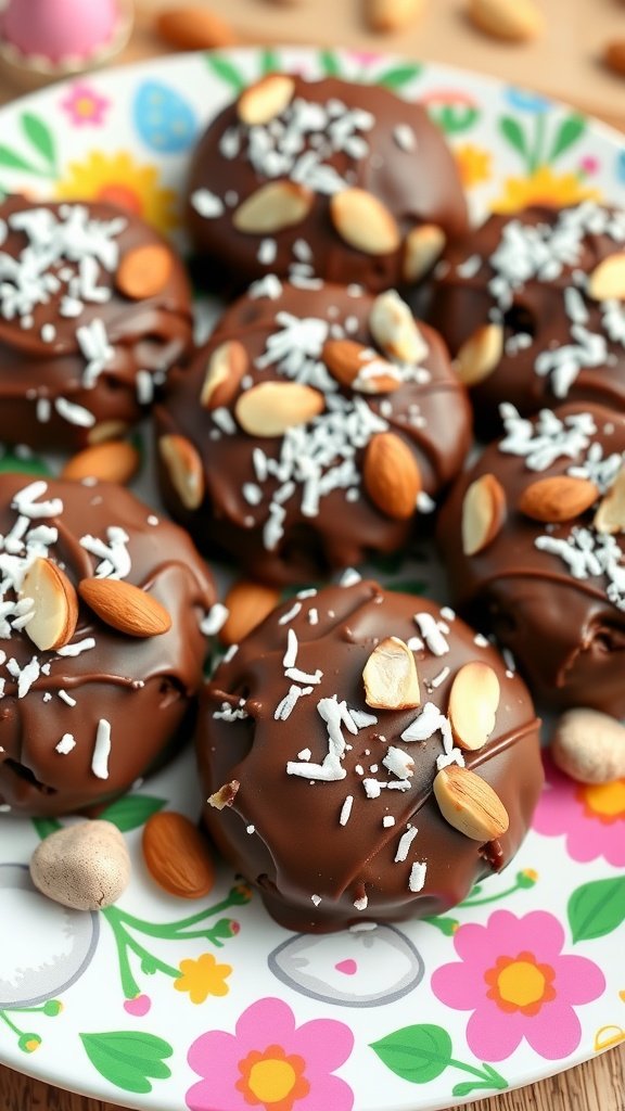 A plate of delicious Almond Joy Cookies topped with almonds and shredded coconut.