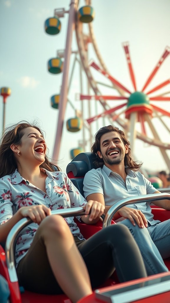 Two friends enjoying a ride at an amusement park, smiling and laughing with a ferris wheel in the background. Double Date Ideas