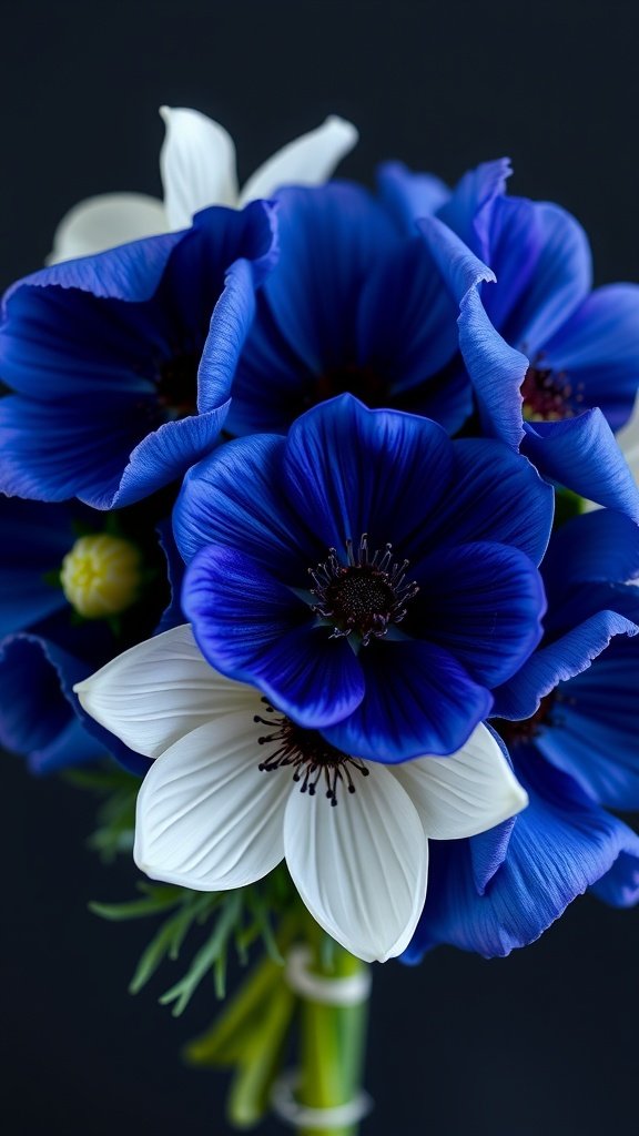 A bouquet featuring vibrant blue and white anemones, showcasing their bold colors.