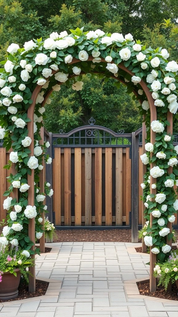 A rustic arched trellis with climbing vines and white flowers, creating a charming wedding arch.