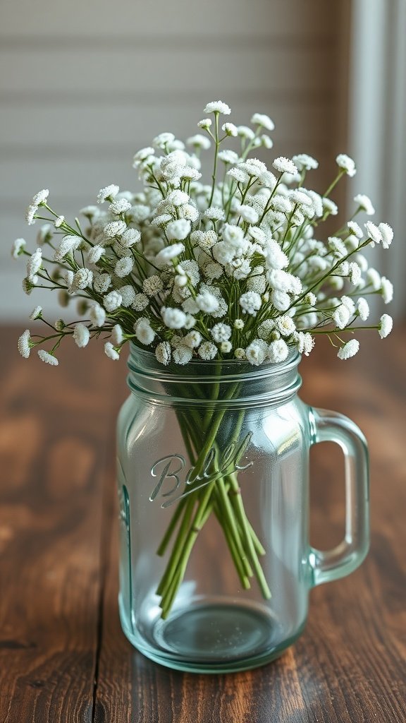 A mason jar filled with a baby's breath bouquet on a wooden table.