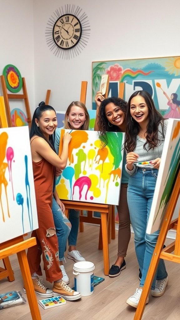 Four friends in an art class, smiling and showing their colorful paintings. Double Date Ideas