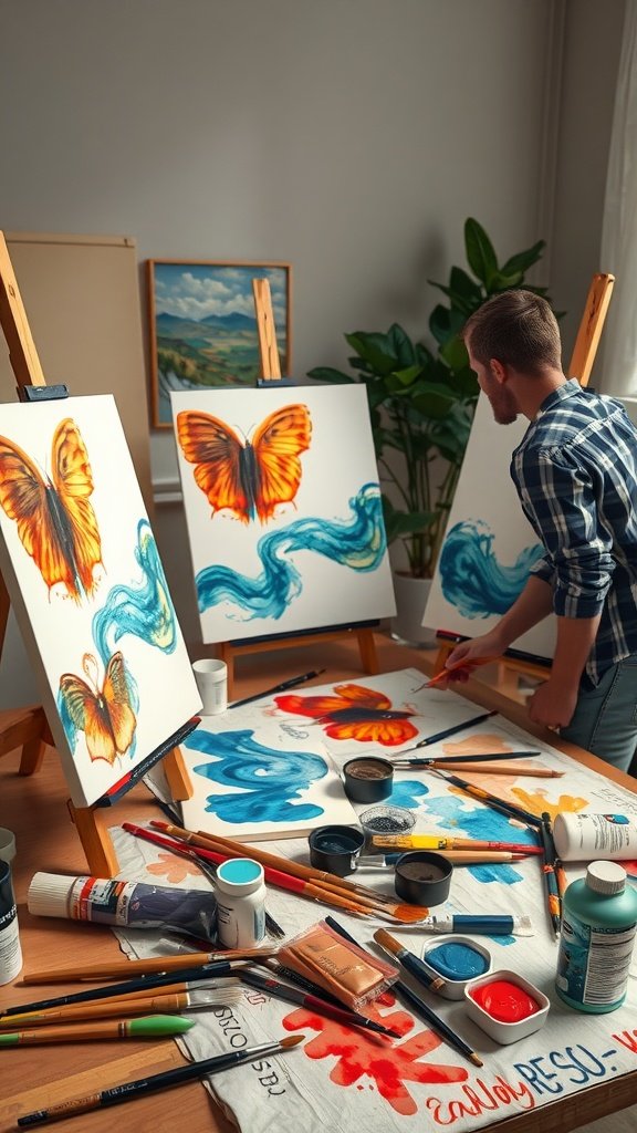A person painting butterflies on canvas with colorful paint supplies scattered around.