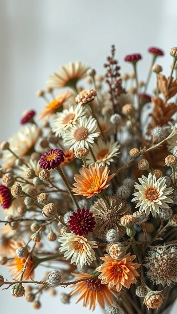 A close-up view of a dried flower bouquet featuring various flowers in warm tones, perfect for winter decor.