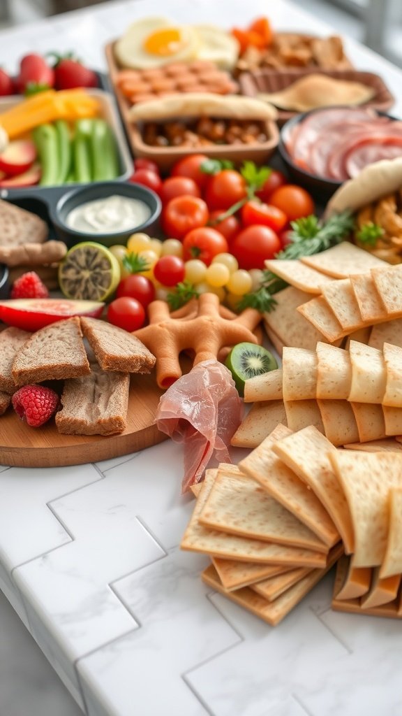 A beautifully arranged grazing table featuring a variety of foods, including fruits, vegetables, cheeses, and meats.