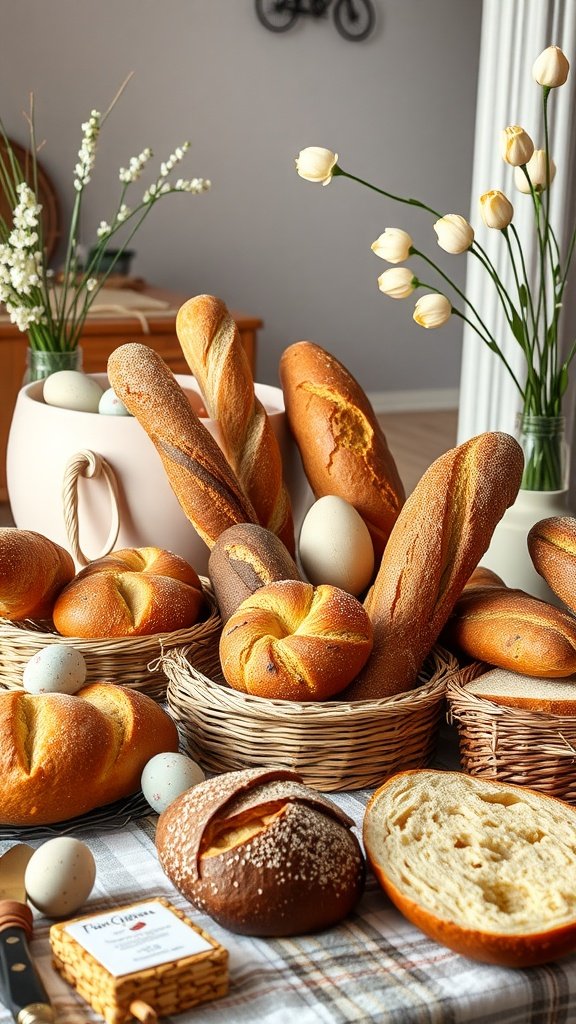 A beautiful display of artisan breads and decorative eggs for Easter tablescapes.