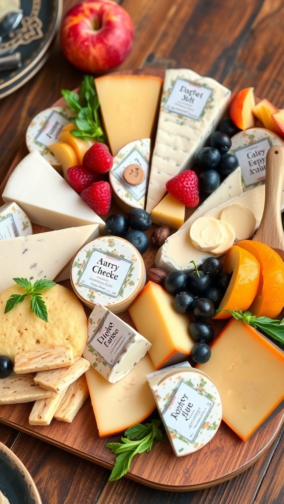 A wooden platter displaying a selection of artisan cheeses, fresh fruits, and nuts.