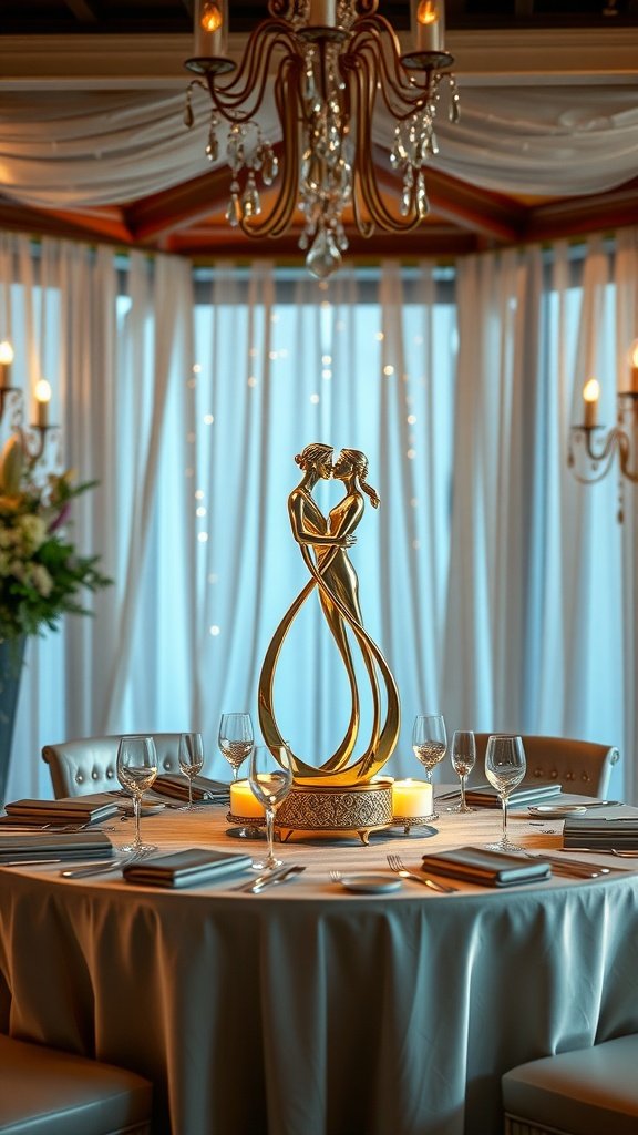 A romantic table setting featuring a golden sculpture of a couple, surrounded by candles and elegant tableware.