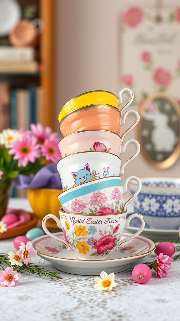 A stack of colorful tea cups with floral designs, set on a table with flowers and Easter decorations.