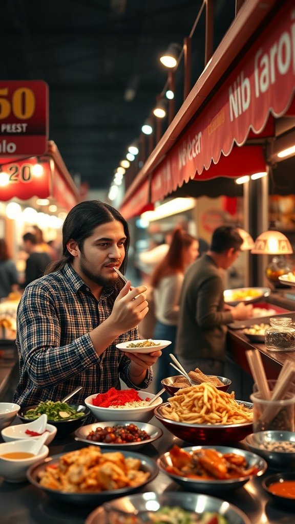 A man enjoying food at a vibrant food festival, surrounded by various dishes.