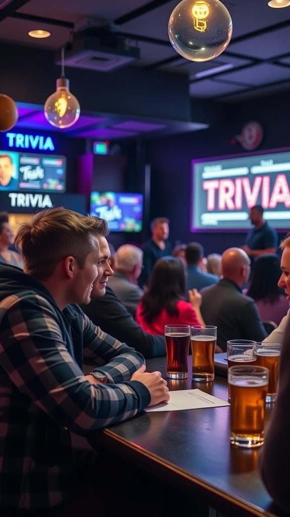 A lively bar during trivia night with people engaged in the game.