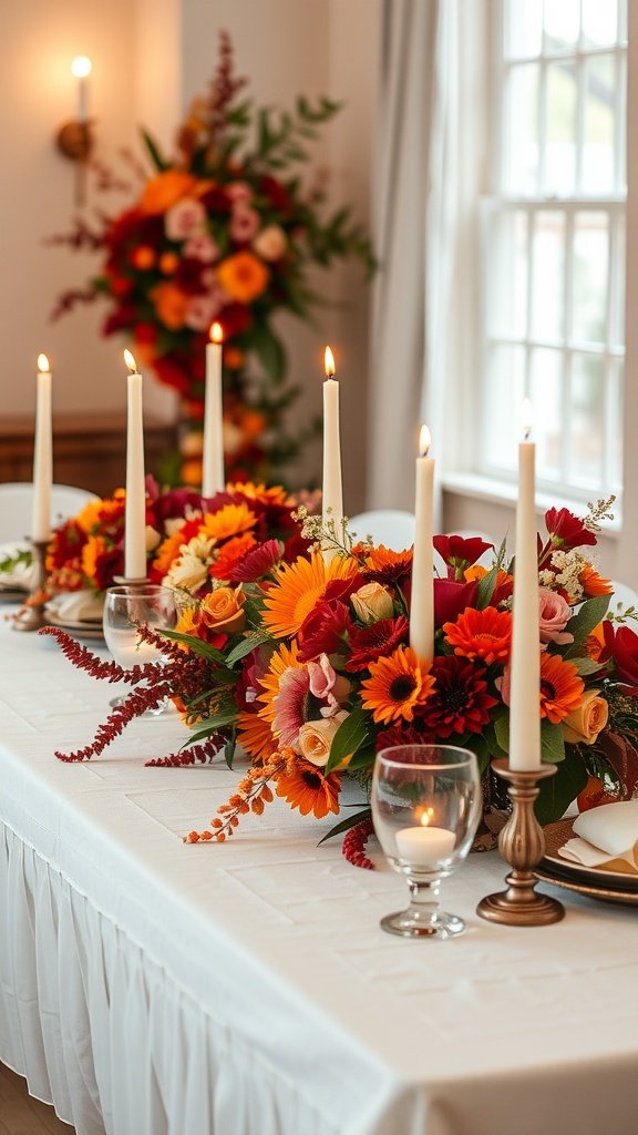 A beautifully decorated autumn wedding table featuring vibrant flowers and elegant candles.