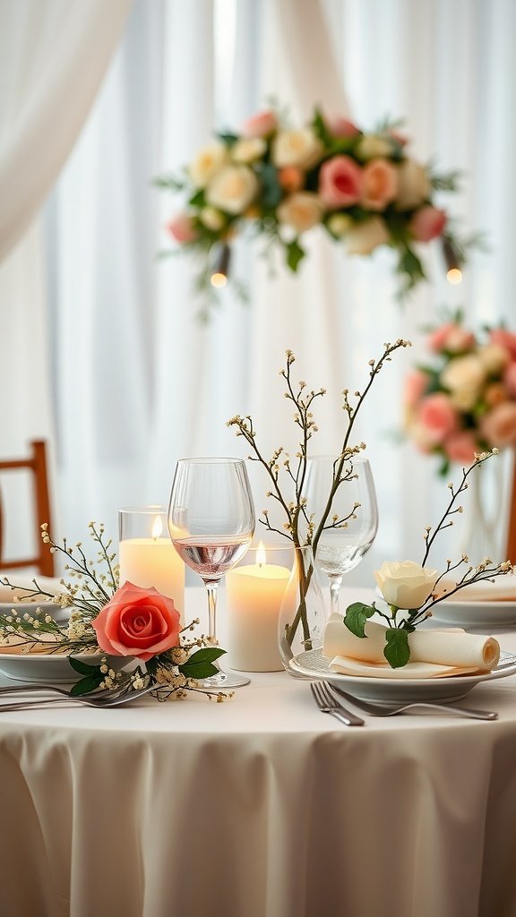 A table for an anniversary celebration featuring a baby's breath bouquet and roses, with candles and elegant tableware.