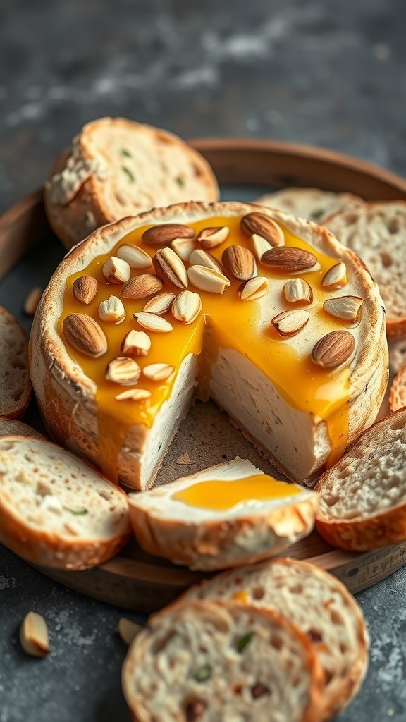 A delicious baked brie topped with honey and almonds, served with slices of bread.