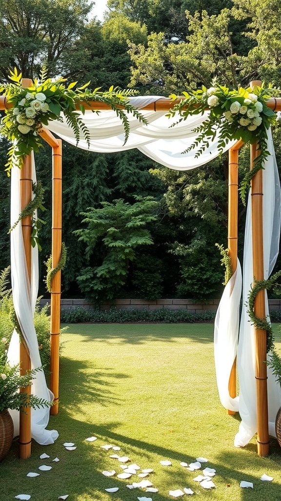 Bamboo frame wedding arch with draped white fabric and floral accents, set in a garden