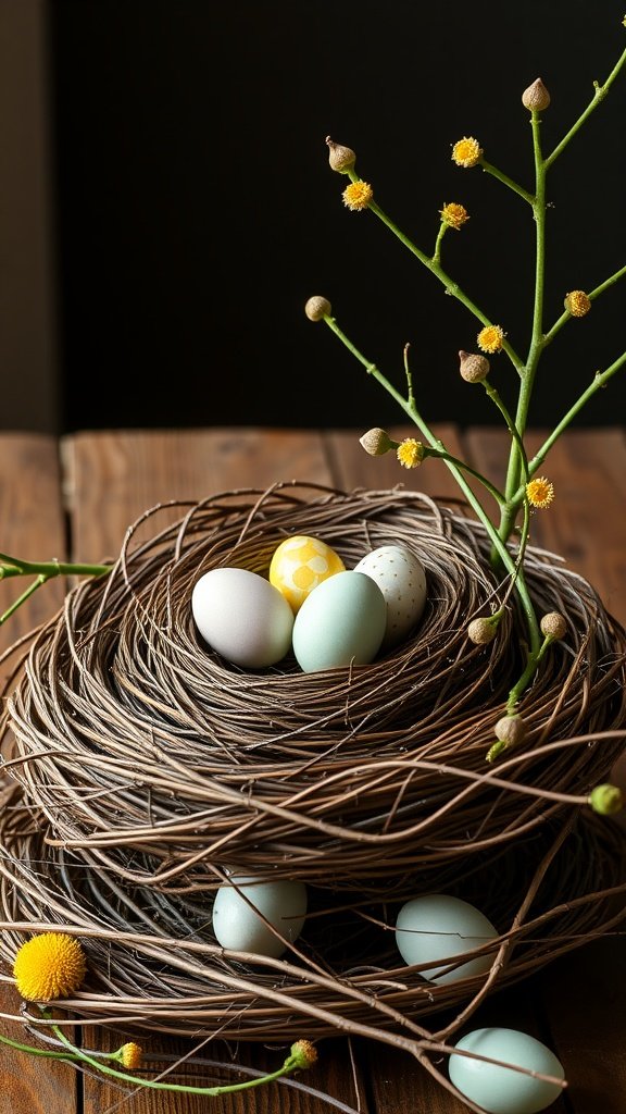 A bird's nest centerpiece with colorful eggs and yellow flowers on a wooden table.
