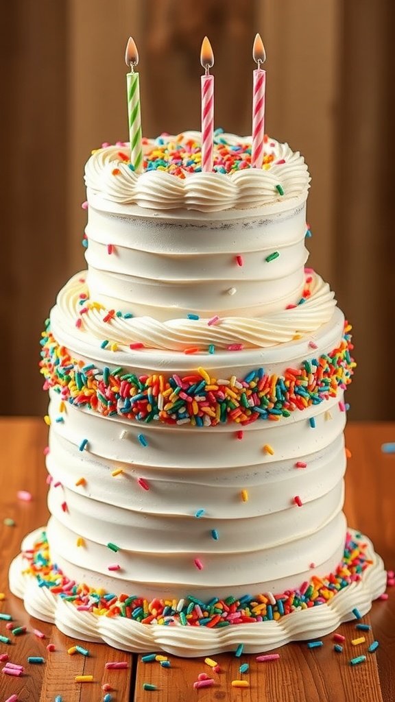 35 Enchanting Forest Wedding Cake Recipes for Your Dream Celebration A three-tiered birthday cake with colorful sprinkles and candles on top.