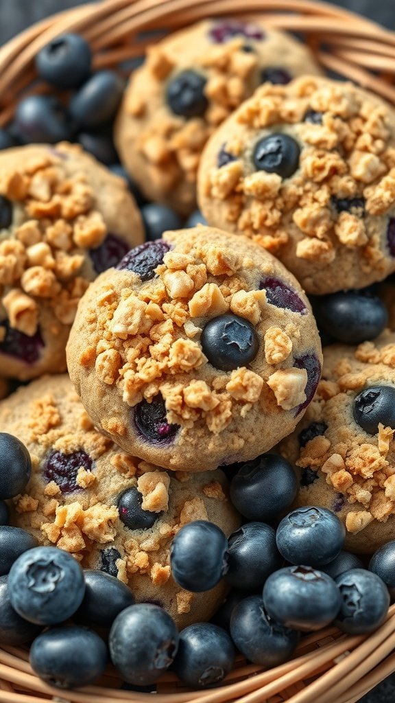 Blueberry crumble cookies in a basket with fresh blueberries.
