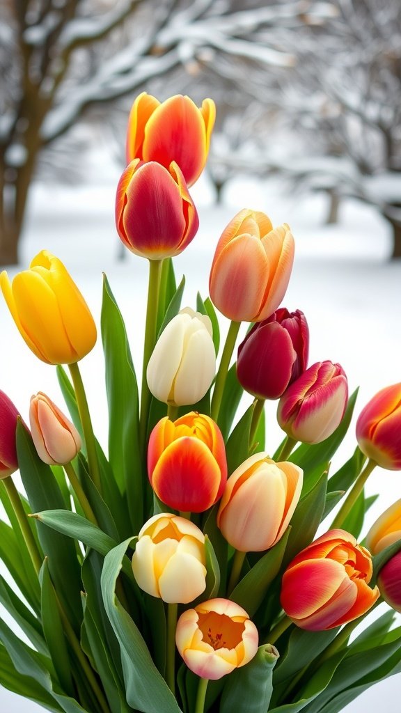 A bouquet of colorful tulips in winter against a snowy background