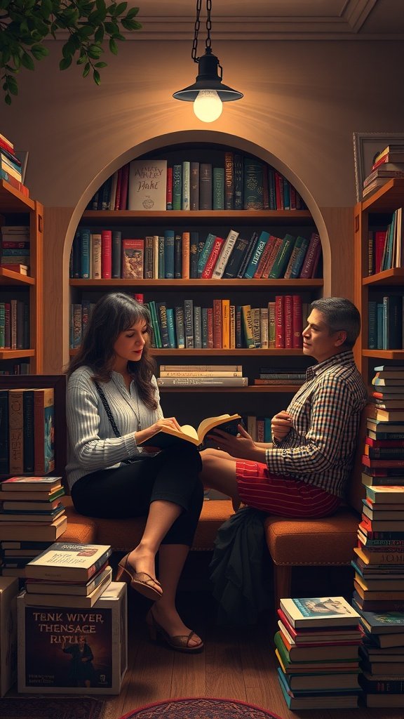 A cozy indoor setting with two people reading books together, surrounded by shelves filled with colorful books.