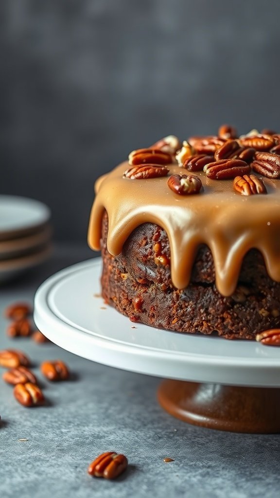 A moist Bourbon Pecan Cake topped with caramel glaze and pecans, displayed on a white plate.