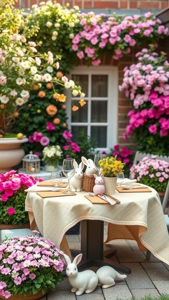 A beautifully arranged outdoor Easter tablescape with a table set for dining, surrounded by colorful flowers and bunny decorations.