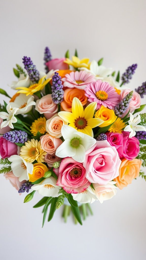 A colorful bridal bouquet featuring roses, lilies, daisies, and other seasonal blooms.