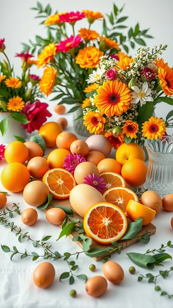 A colorful arrangement featuring oranges, flowers, and decorated eggs for an Easter tablescape