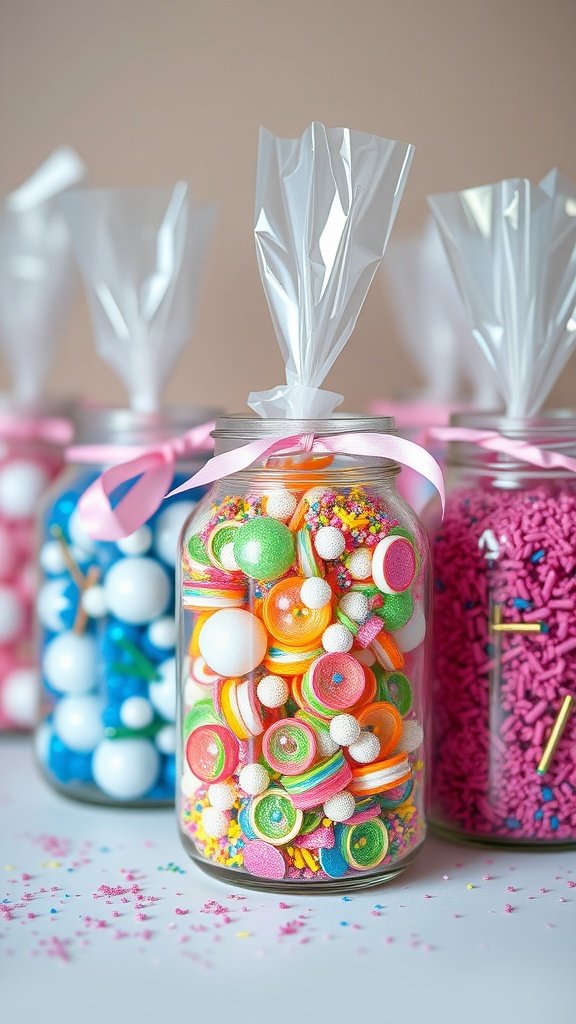 Colorful jars filled with festive party favors for a mermaid party.
